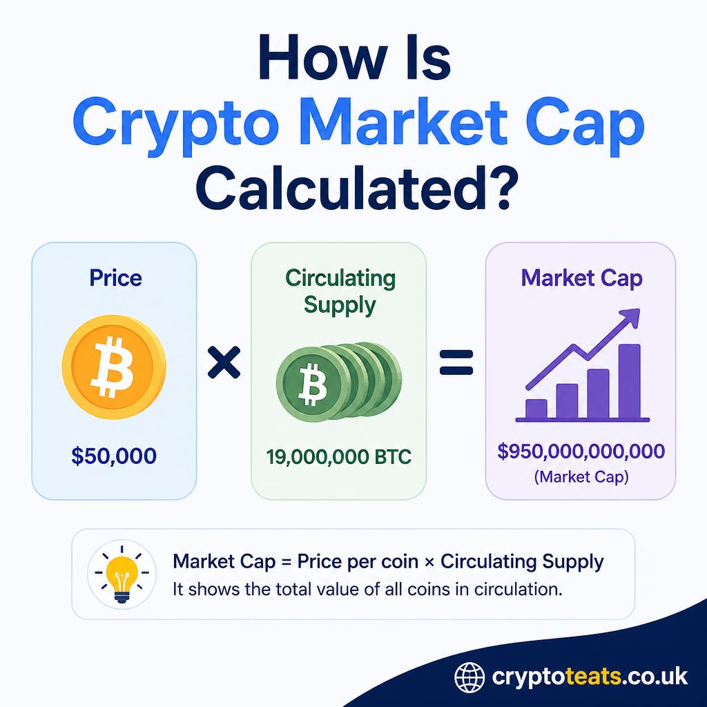 Diagram showing crypto market cap formula: price multiplied by circulating supply